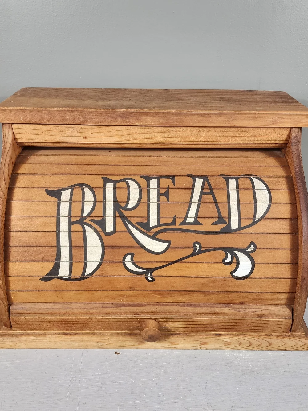 Wooden Roll Top Bread Box Farmhouse Brown Wood 80s Country Rustic